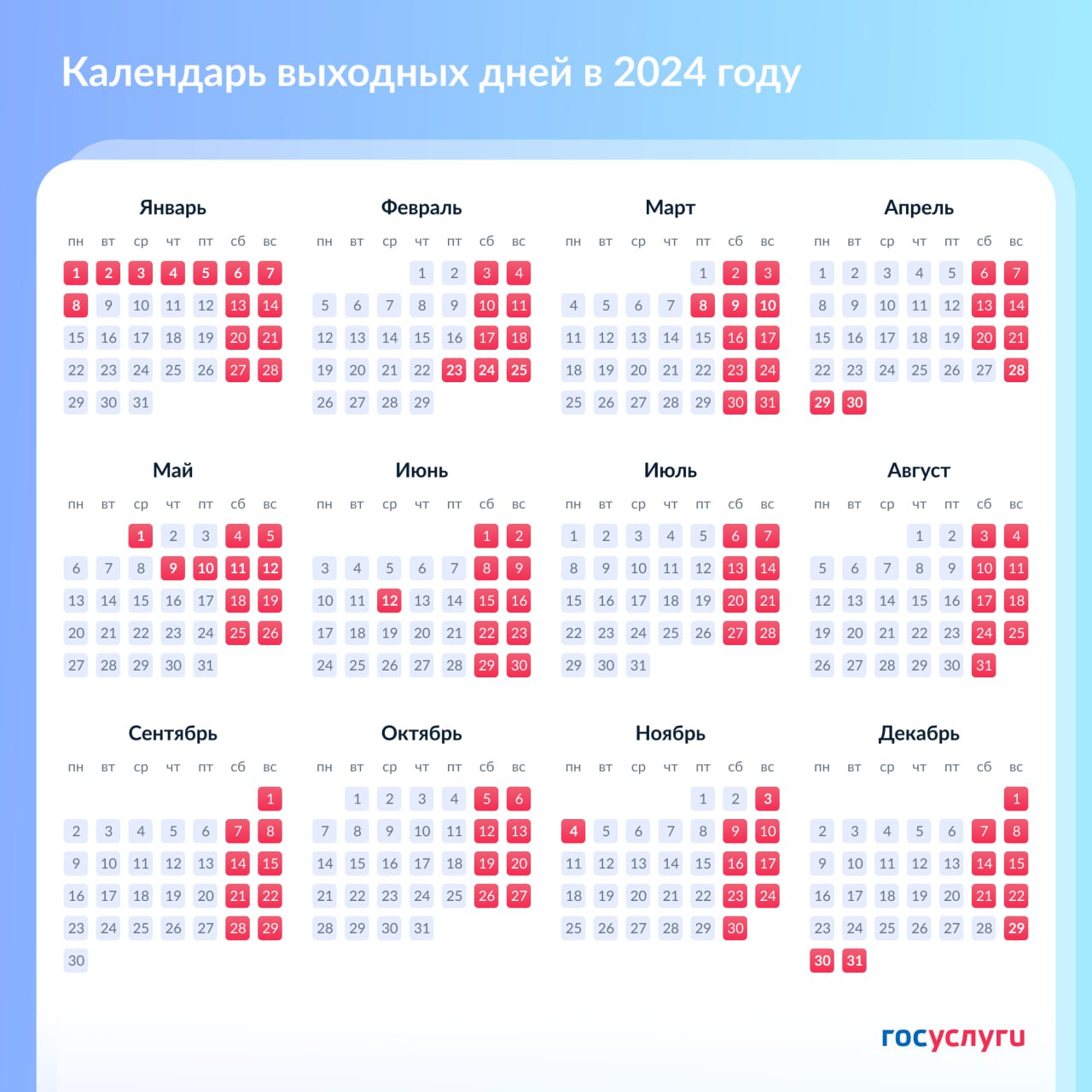 Все рабочие и выходные дни в 2024 году